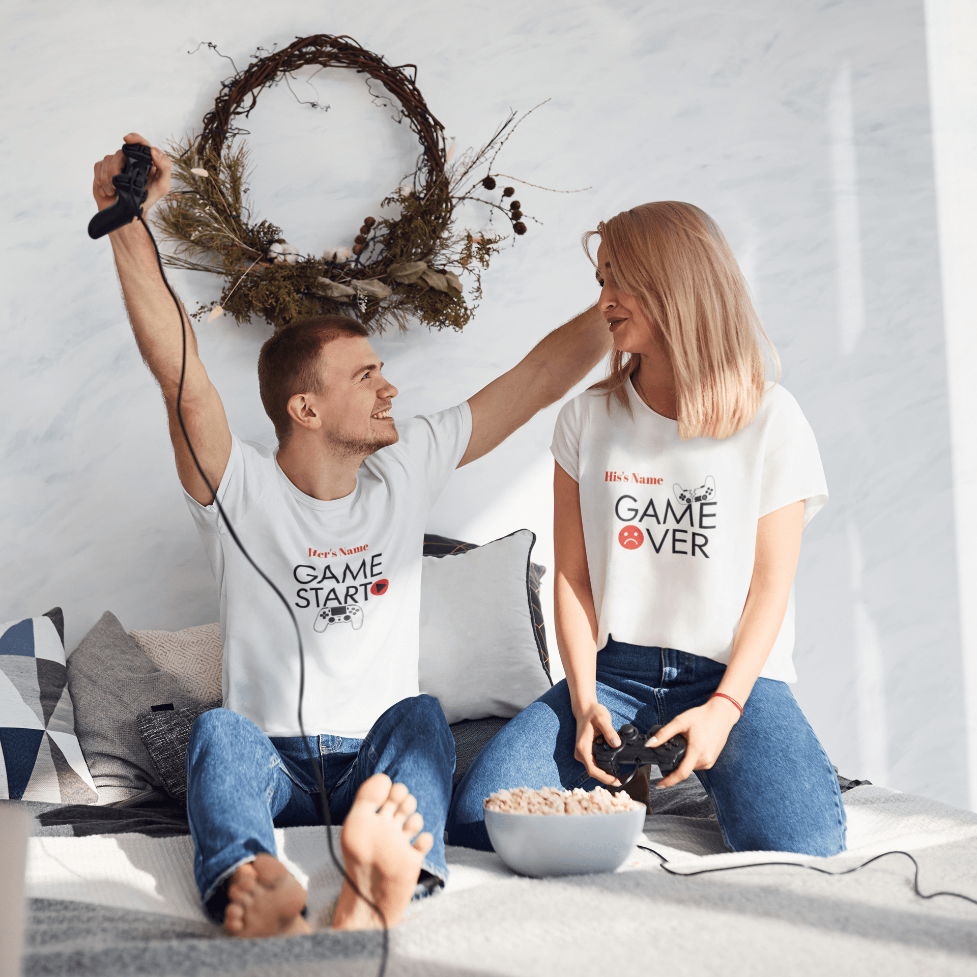 Game Over & Start Personalized Couple Tees