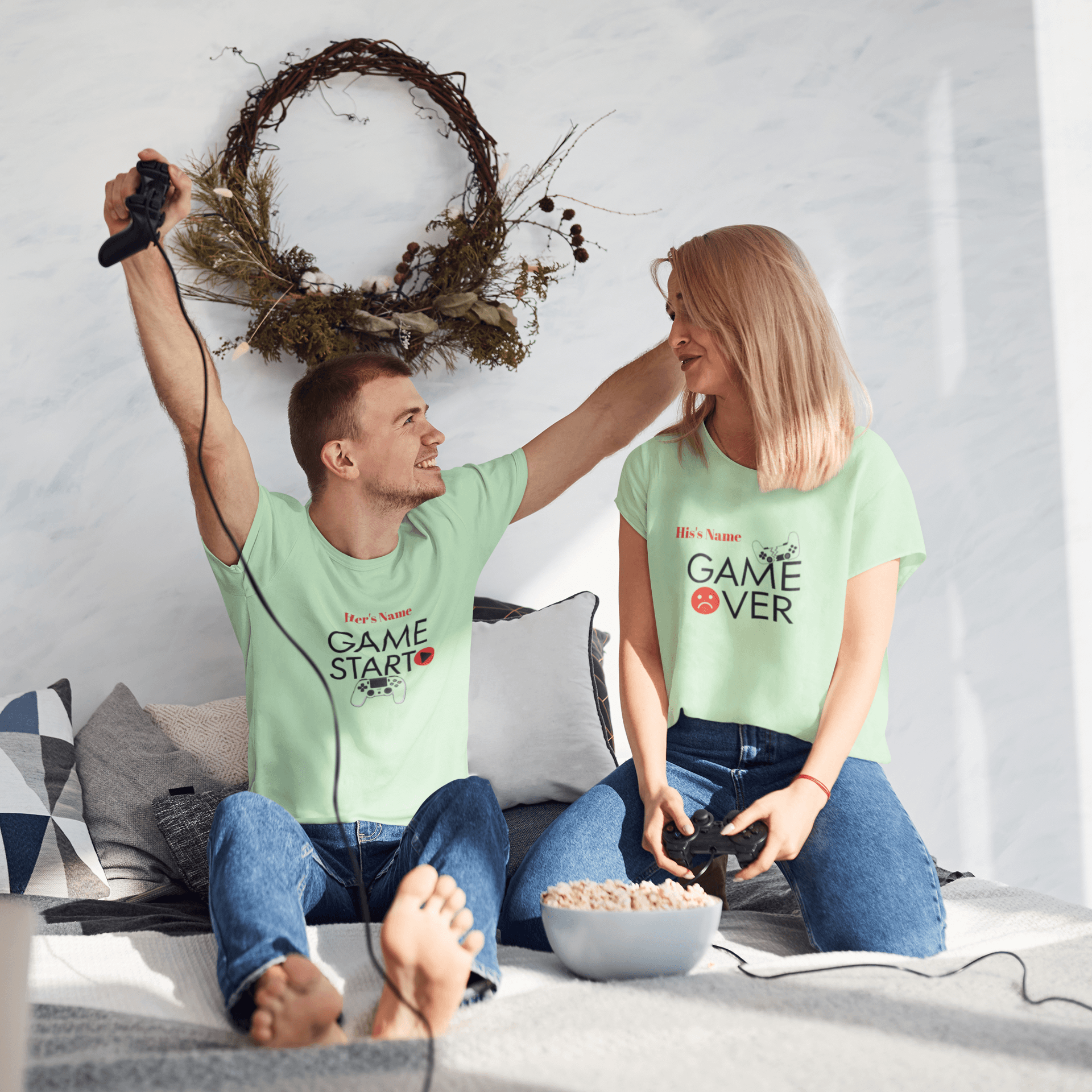 Game Over & Start Personalized Couple Tees